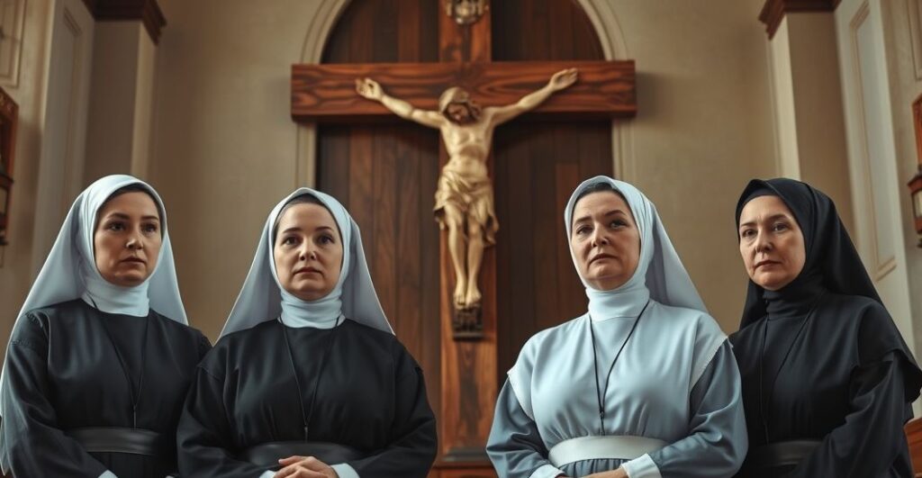 Catholic women w stojące pokornie przed krzyżem, oddając cześć w świątyni, wyraz głębokiej pokory i wiary tradycyjnej