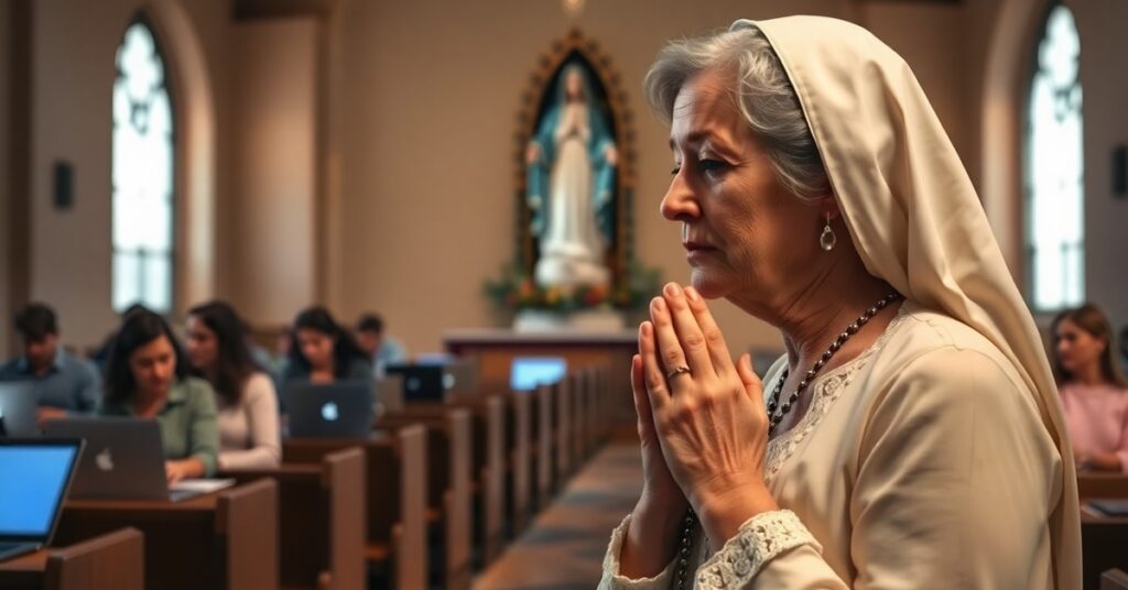 Kobieta modląca się różańcem w kościele obok statuy Matki Bożej z Fatimy, na tle współczesnych kobiet pracujących przy laptopach.