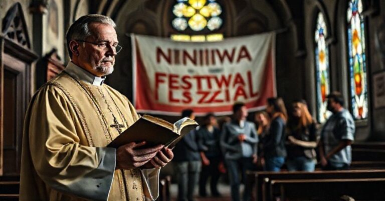 Tradencyjny ksiądz w pełnym ornacie liturgicznym stoi w ciemnej kaplicy, wyrażając troskę twarzą. W tle grupa młodych ludzi w swetrach dyskutuje pod banerem 'NINIWA Forum'. Kontrastuje z nimi starodawny kościół z freskami.