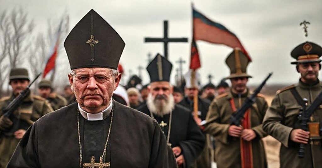 Pielgrzymka katolicka na Białorusi podczas prześladowań. O. Andrzej Juchniewicz OMI i biskup Juryj Jasewicz podążają w procesji pod nadzorem režimu.