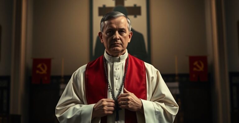 Kapelan katolicki w tradycyjnych szatach liturgicznych, trzymający różaniec, stojący przed ołtarzem w ciemnym kościele, na tle cienia komunistycznej tyranii.