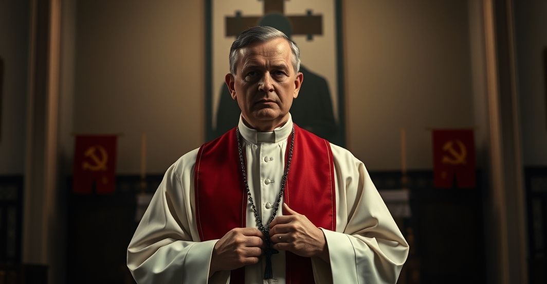 Kapelan katolicki w tradycyjnych szatach liturgicznych, trzymający różaniec, stojący przed ołtarzem w ciemnym kościele, na tle cienia komunistycznej tyranii.