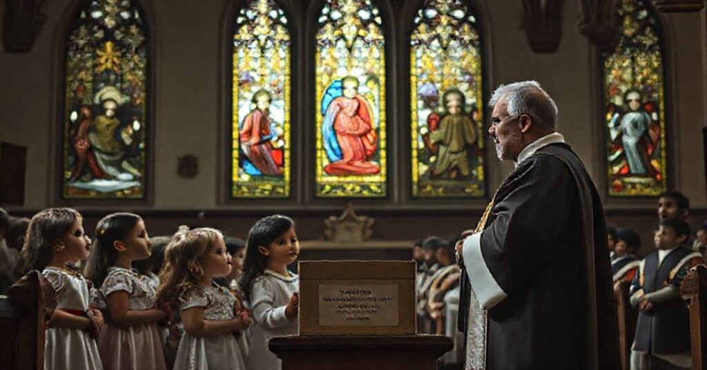 Kolekcja kościelna dla misji - tradycyjne katolickie wnętrze kościoła z dziećmi trzymającymi puszkę zbiórkową 'Kolędnicy Misyjni 2025/2026 dzieciom ze Sri Lanki'.