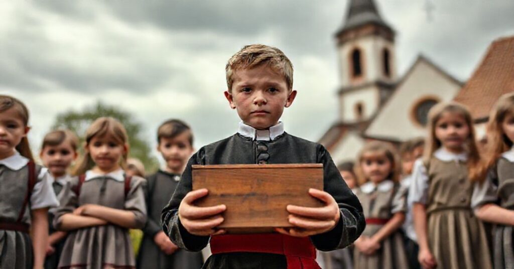Młody chłopiec w tradycyjnym stroju katolickim trzyma pudło zbiórkowe, otoczony innymi dziećmi w szkolnych mundurkach przed tłem kościoła w polskiej wsi.