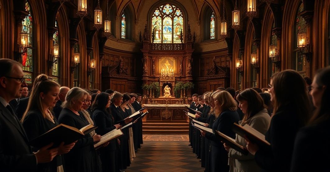 Grupa wierzących śpiewa tradycyjne kolędy w kościele przy ołtarzu z szopką Bożego Narodzenia. Scena przepełniona jest pobożnością i sakralnym klimatem.