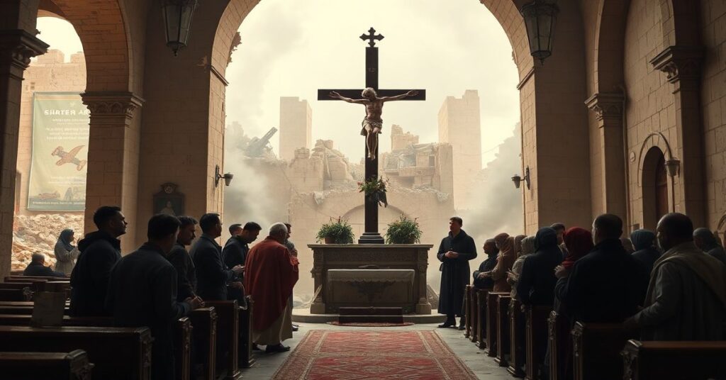Stary ksiądz w tradycyjnym ornacie modli się przed krzyżem w opuszczonej świątyni w Ziemi Świętej, otoczony cierpiącymi chrześcijanami na tle wojennych zniszczeń.