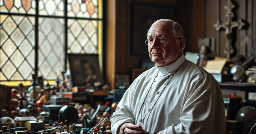 Ksiądz w tradycyjnym stroju stoi przed stołem wypełnionym sekularnymi kolekcjami.