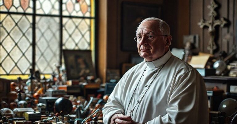 Ksiądz w tradycyjnym stroju stoi przed stołem wypełnionym sekularnymi kolekcjami.