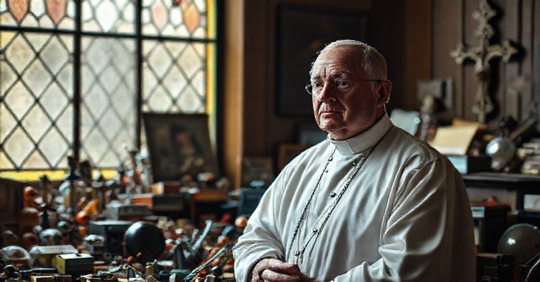 Ksiądz w tradycyjnym stroju stoi przed stołem wypełnionym sekularnymi kolekcjami.