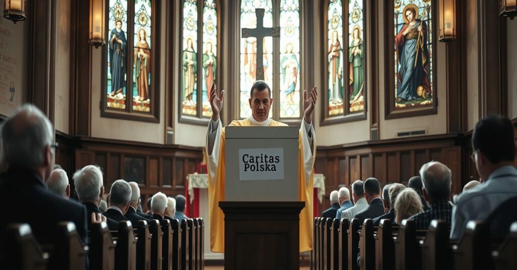 Wnętrze kościoła katolickiego z księdzem w tradycyjnych szatach liturgicznych modlącego się przy ołtarzu z widoczną kolektą Caritas Polska.