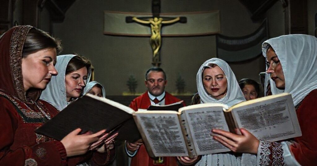 Zdjęcie przedstawiające tradycyjny wnętrze kościoła z kaszubskimi chórem śpiewającymi pastorałki w języku kaszubskim. Scena podkreśla konflikt między wiarą i regionalizmem z widocznym tekstem religijnym w rękach śpiewaków.