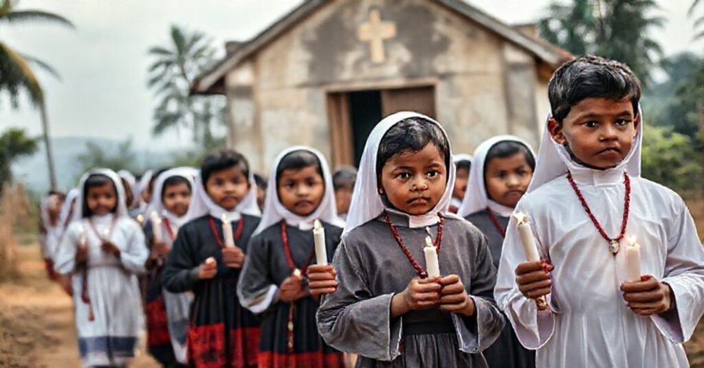 Procesja dzieci w tradycyjnych katolickich strojach, trzymających świece i różaniec, idących przez wieś w Sri Lance.
