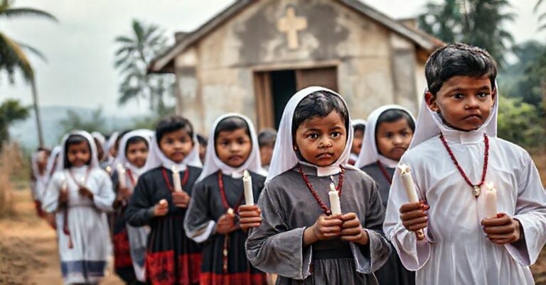 Procesja dzieci w tradycyjnych katolickich strojach, trzymających świece i różaniec, idących przez wieś w Sri Lance.