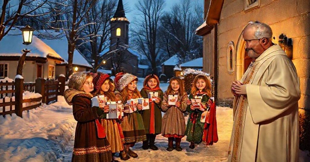 Dzieci śpiewające kolędy w tradycyjnych strojach polskich podczas akcji "Kolędnicy Misyjni", z kacydłami w rękach i starszym księdzem w tle błogosławiącym.