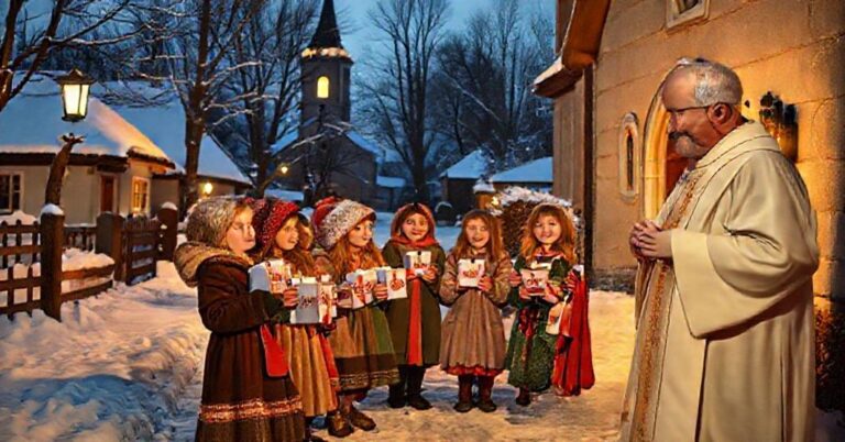Dzieci śpiewające kolędy w tradycyjnych strojach polskich podczas akcji "Kolędnicy Misyjni", z kacydłami w rękach i starszym księdzem w tle błogosławiącym.