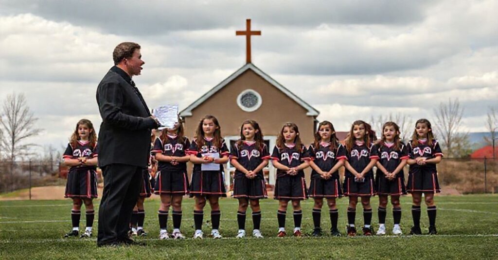 Grupa dziewcząt w strojach sportowych na boisku szkolnym w Kolorado, z kościołem katolickim w tle, symbolizującym obronę biologicznej rzeczywistości przed ideologią genderową.
