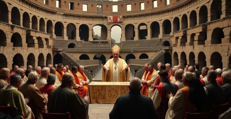 Uroczyste, tradycyjne katolickie przedstawienie fałszywego ekumenicznego zgromadzenia w Koloseum, z postacią modernistyczną przewodniczącą synkretycznemu modłom.