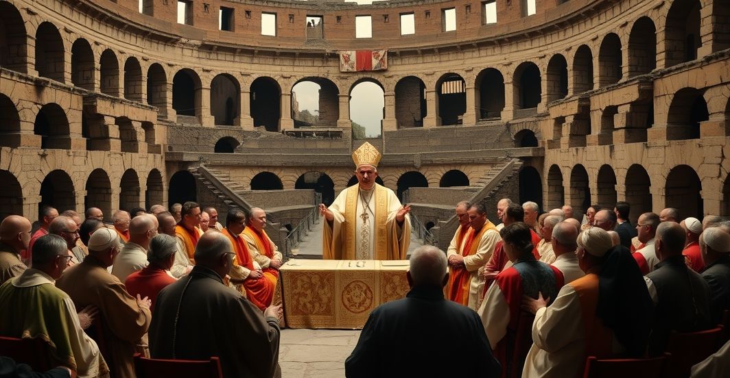 Uroczyste, tradycyjne katolickie przedstawienie fałszywego ekumenicznego zgromadzenia w Koloseum, z postacią modernistyczną przewodniczącą synkretycznemu modłom.