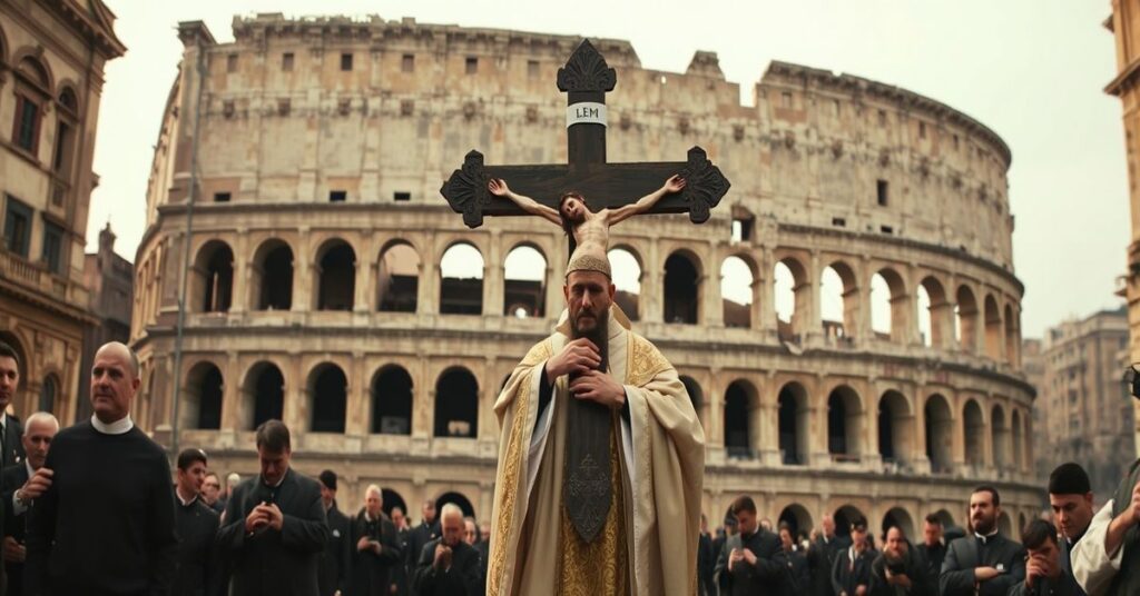 Robert Prevost jako fałszywy 'Leonie XIV' niesie krzyż w Koloseum podczas Wielkiego Piątku