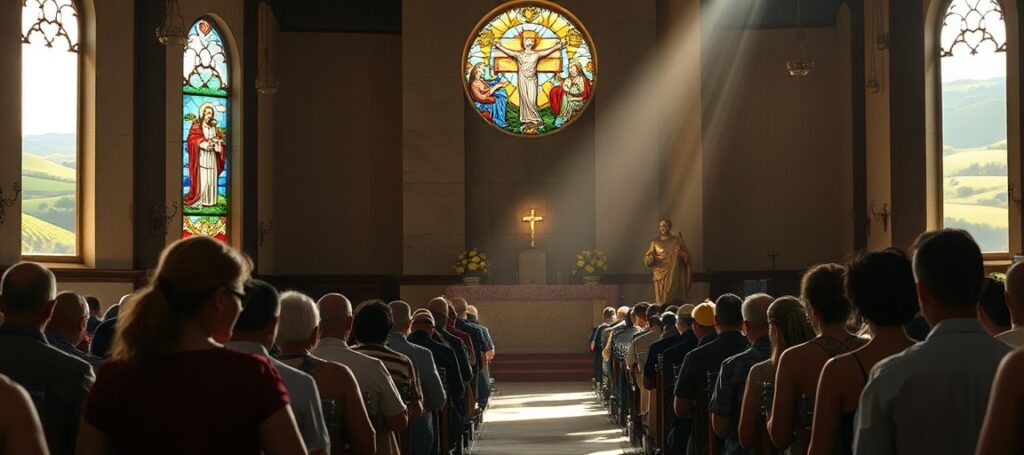 Katolicki kościół w Kolumbii z modlącymi się wiernymi na tle scen Chrystusa Króla w witrażach