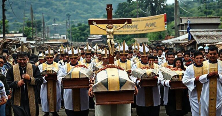 Pogrzeb dwunastu kolumbijskich dzieci ofiar operacji wojskowych z udziałem katolickiego duchowieństwa i wiernych.