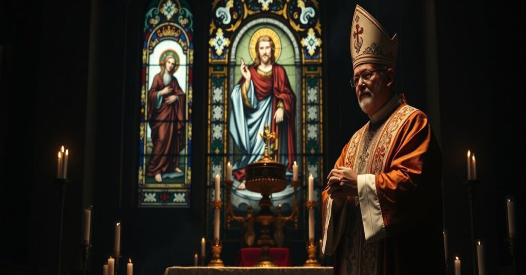 Tradycyjny rzymskokatolicki obraz z mszy świętej w Kolumbii, z biskupem w ornaty i monstrancją. Tło: witraż z Chrystusem Królem i rozmyte symbole modernizmu.