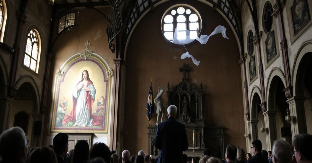 Wnętrze zrujnowanej bazyliki w Bogocie z widocznymi sieciami zabezpieczającymi i murą z uśmiechającym się Sercem Jezusa. Senator Mauricio Giraldo przemawia do tłumu.