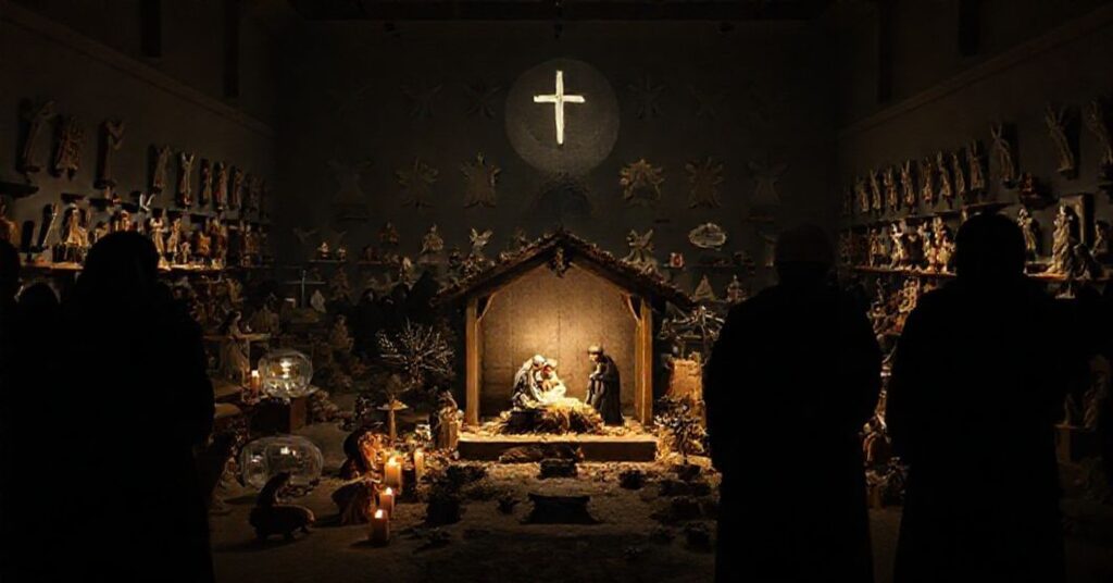 Streszczenie: Tradycyjna szopka betlejemska otoczona synkretycznymi wyobrażeniami w seminarium kombonianów w Viseu.