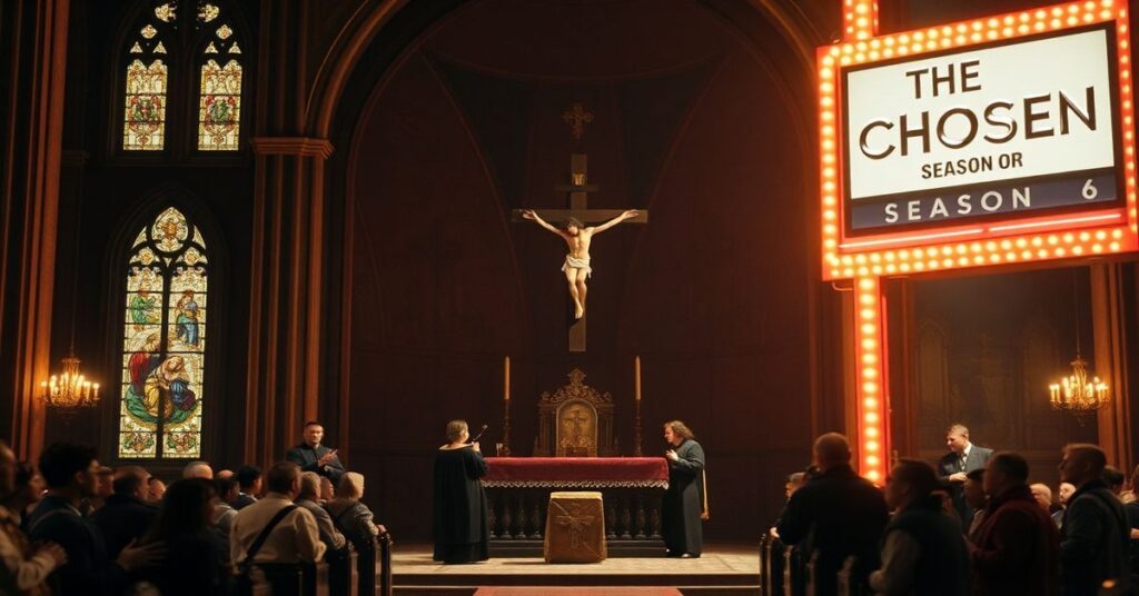 Tradycyjny ołtarz katolicki z krucyfiksem i modlącymi się wiernymi w kontrastcie z komercyjnym spektaklem pasyjnym.