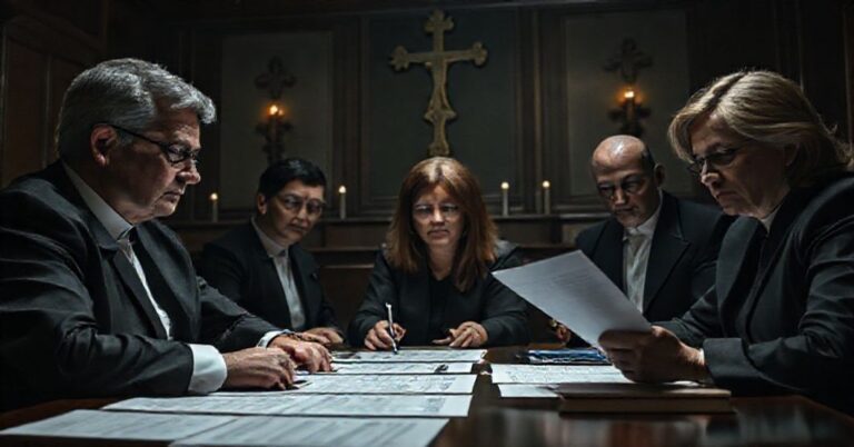 Solemne zdjęcie przedstawiające działanie rządowej komisji pod przewodnictwem Sylwii Gregorczyk-Abram z perspektywy katolickiej