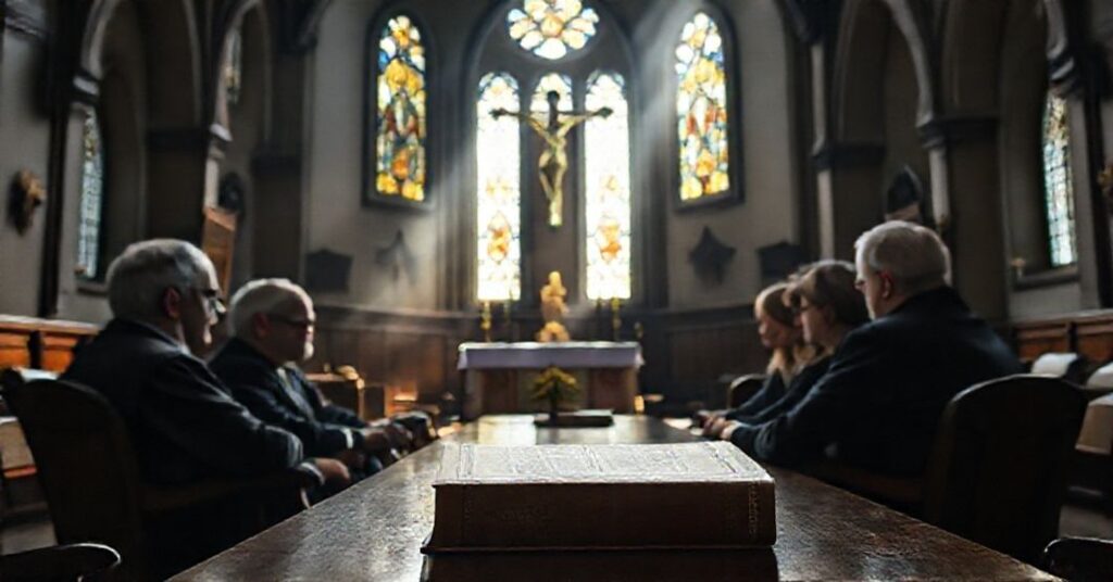 Cerkiew katolicka z tradycyjnym ołtarzem i grupą świeckich ekspertów dyskutujących w poważnej atmosferze.
