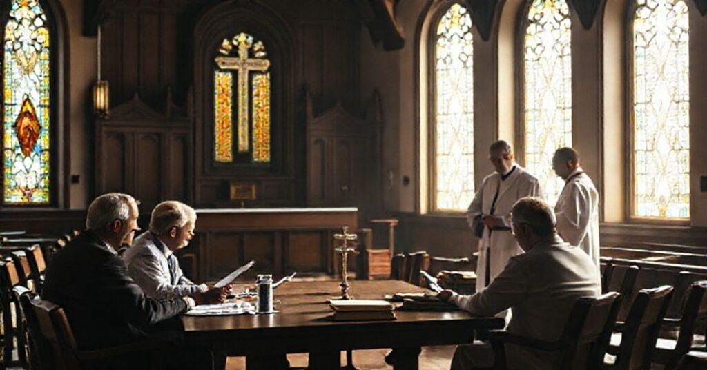 Wnętrze tradycyjnego kościoła katolickiego z grupą świeckich ekspertów dyskutujących na temat nadużyć seksualnych w diecezji łódzkiej pod przewodnictwem "kardynała" Rysia.