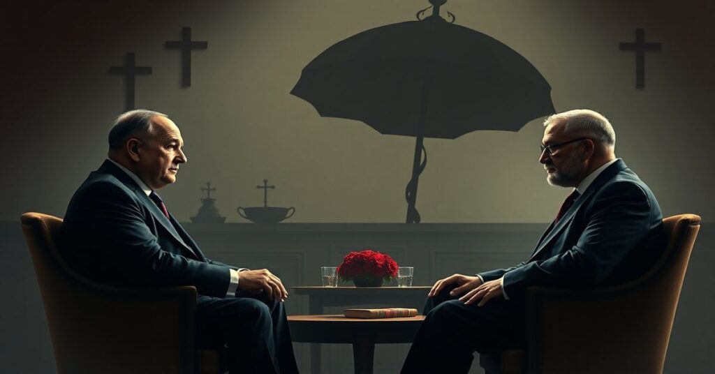 Jarosław Kaczyński i Mateusz Morawiecki na tle symboliki katolickiej podczas negocjacji dotyczących Stowarzyszenia Rozwój Plus