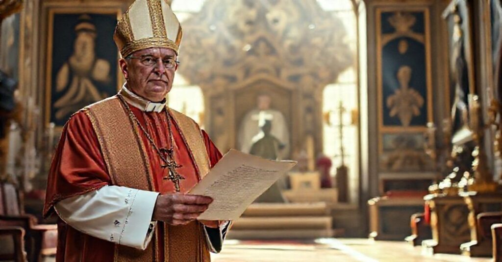 Biskup katolicki w tradycyjnych szatach liturgicznych stoi w pałacu w Monako, trzymając egzemplarz konstytucji, podczas gdy Książę Albert II patrzy z dystansem.