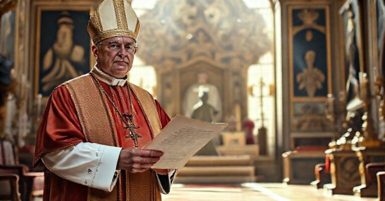 Biskup katolicki w tradycyjnych szatach liturgicznych stoi w pałacu w Monako, trzymając egzemplarz konstytucji, podczas gdy Książę Albert II patrzy z dystansem.