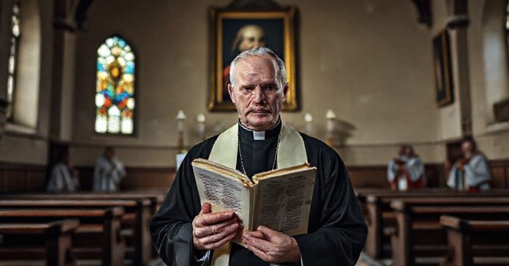 Ksiądz w tradycyjnym habitacie stoi przed uszkodzonym ołtarzem w pustej posoborowej kościele