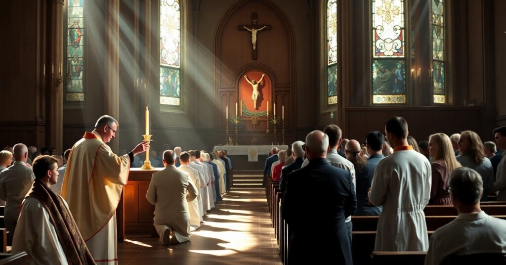 Kneeling congregation receives Communion in a traditional Catholic church, contrasting with modernist liturgical abuses.