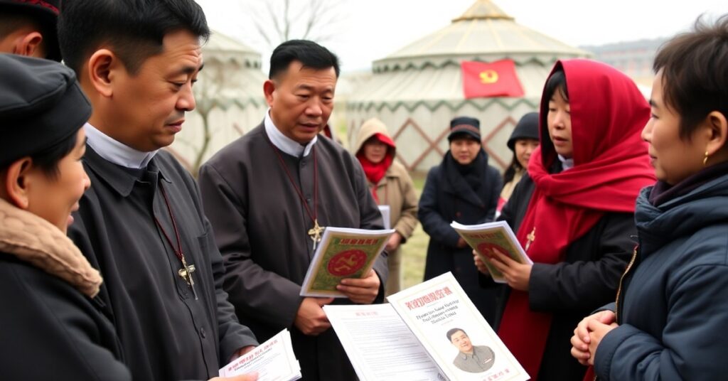 Księża miejscowego kościoła komunistycznego w Chinach rozdają ulotki o ustawie asymilacyjnej w Mongoii Wewnętrznej