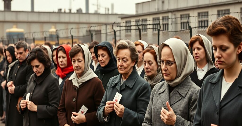 Grupa kobiet stoi w rządzie podczas komunistycznych obchodów 8 marca w Polsce PRL. Na twarzach wyraz rezygnacji i braku szczerości. Scena ukazuje przemoc i manipulację systemu. Tło przedstawia szarość fabryki i drut kolczasty.