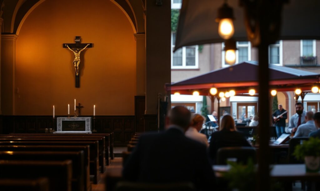 Wnętrze tradycyjnego kościoła katolickiego z krzyżem i świecami na tle rozmytego koncertu zespołu 'Nowonarodzeni' w ogródku kawiarni na Starym Rynku w Gorzowie Wlkp.
