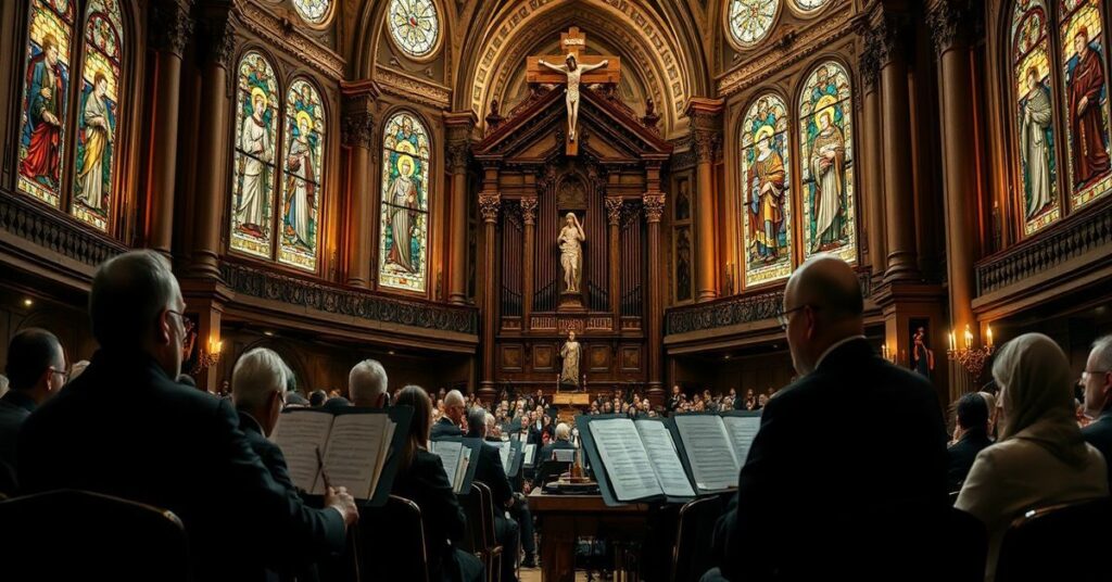 Sobór katolicki z koncertem muzyki Józepha Hofmanna, z naciskiem na modlących się wiernych i sakralną architekturę