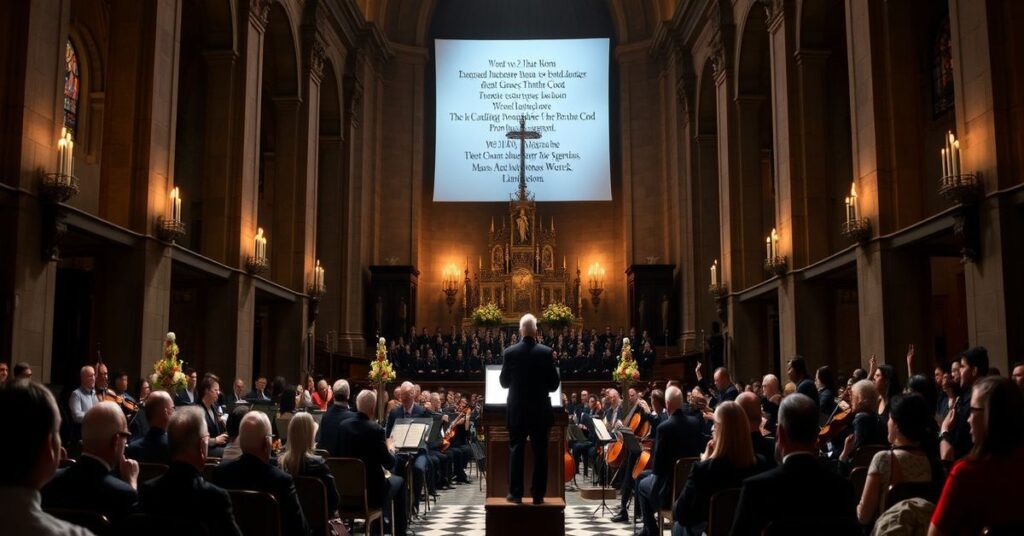 Scena w Bazylice Santa Maria Maggiore w Rzymie podczas koncertu Warszawskiej Opery Kameralnej z Requiem Mozarta