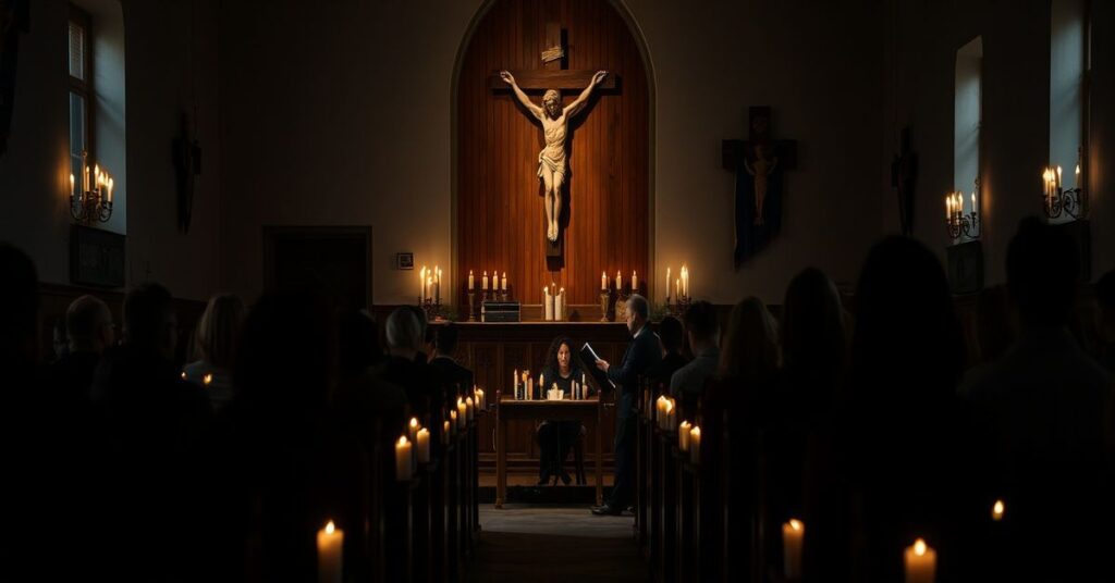 Światła świec w ciemnym kościele w Nakle nad Notecią podczas koncertu w ciemności