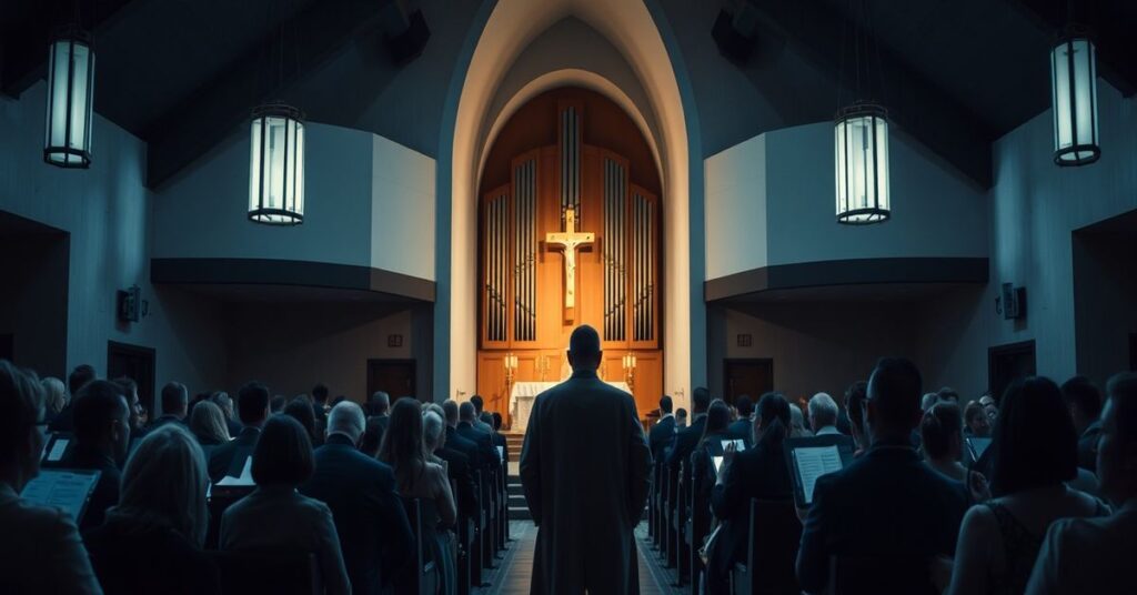 Wnętrze nowoczesnego kościoła z koncertem organowym na tle modernistycznej sekty