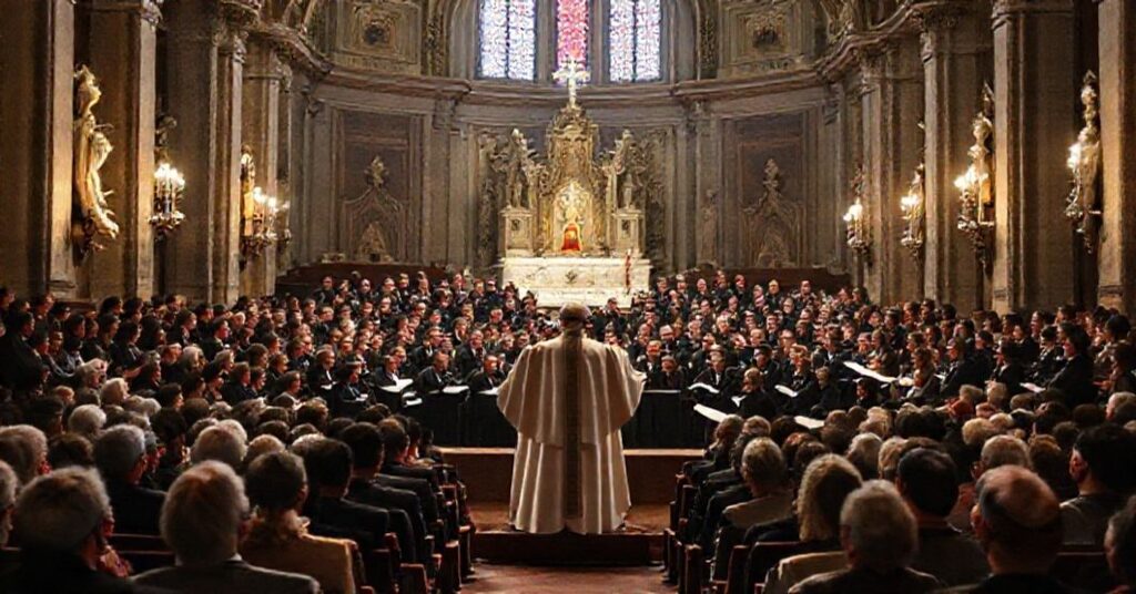 Scena z antypapieżem Leonem XIV i Michaelem Bublém w Auli Pawła VI podczas "Koncertu z Ubogimi" - modernistyczna hybryda muzyki świeckiej i religijnej