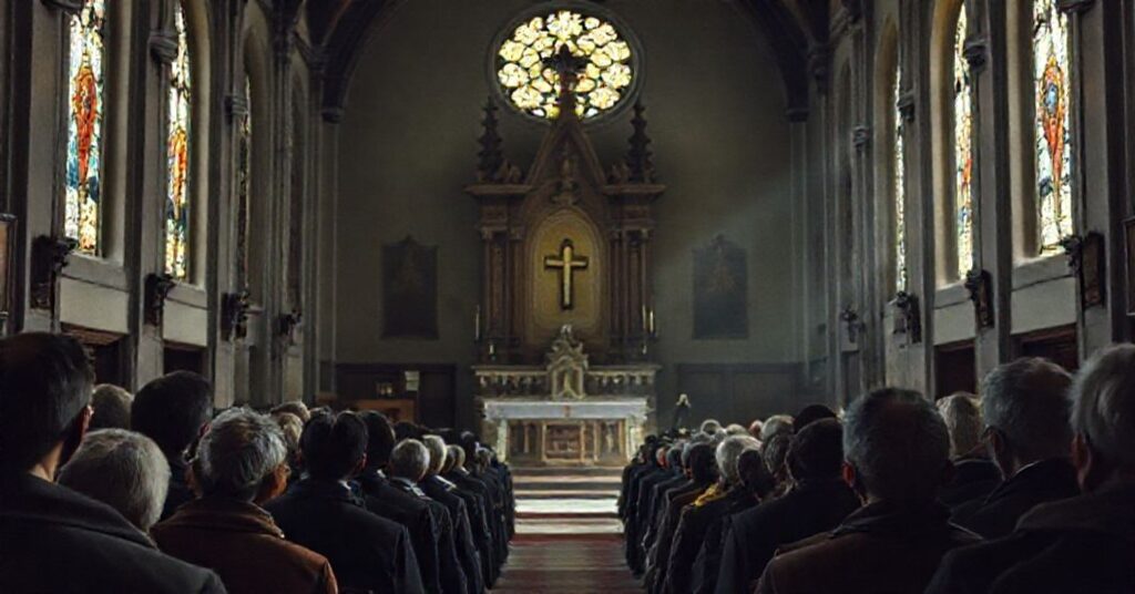 Wnętrze kościoła z opuszczonym ołtarzem podczas koncertu prowadzonego przez Roberta Prevosta i modernistycznych hierarchów