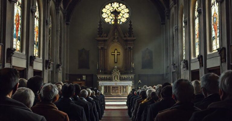 Wnętrze kościoła z opuszczonym ołtarzem podczas koncertu prowadzonego przez Roberta Prevosta i modernistycznych hierarchów