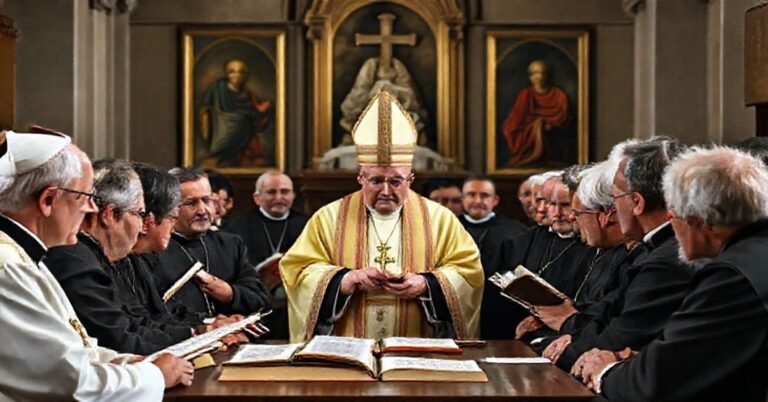 Grupa duchownych i wiernych dyskutuje w kościele na temat zagrożeń modernizmu w katolickim prawie.