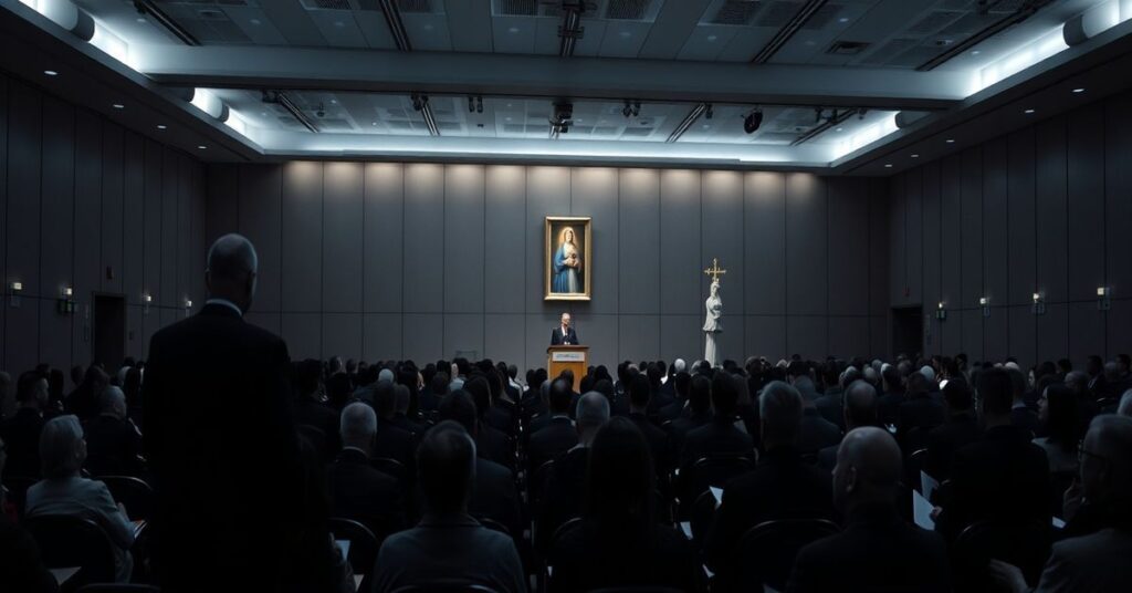 Pusty wygląd konferencji dyrektorów szkół katolickich na Jasnej Górze, brzękającą o moralnym humanitaryzmie bez prawdziwej wiary.