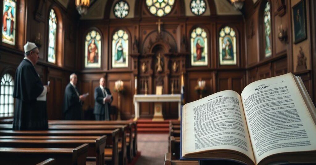 Tradycyjny wnętrze kościoła z biskupami i profesorami dyskutującymi o Soborze Watykańskim II, z widocznym kontrastem między tradycją a modernizmem